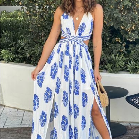 Off White Printed Cut Out Maxi Dress
